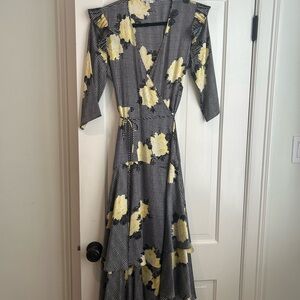 Ganni Black and Yellow Floral 3/4 “wrap dress.